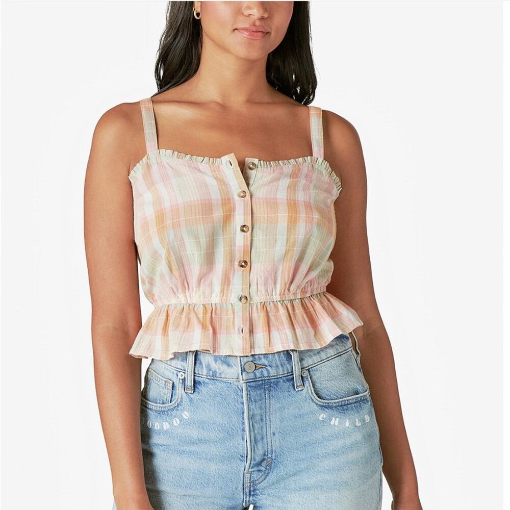NWT Lucky Brand Tank Top Plaid Ruffled Button Front Adjustable Straps Womens XL